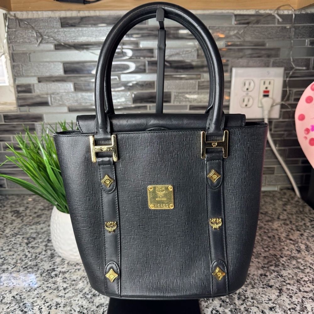 MCM | EUC Women’s Black Leather Satchel Shoulder Bag With Gold Hardware